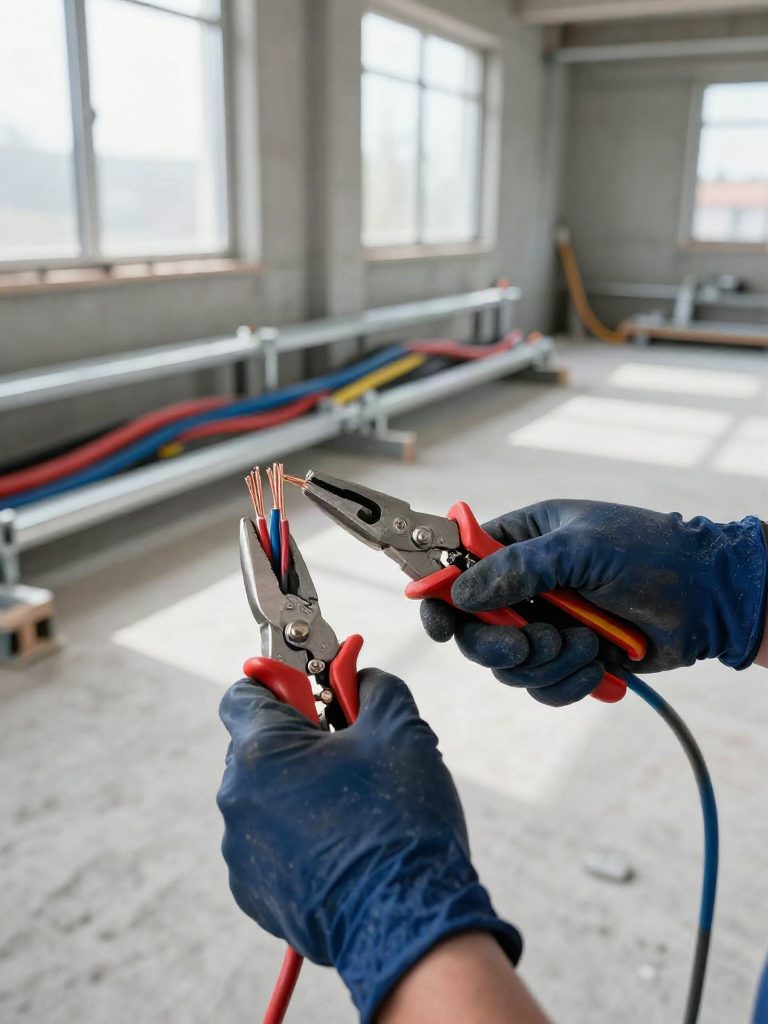 Installatör skarvar fiber- och nätverkskablar på en byggarbetsplats